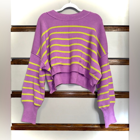 Free People Stripe Easy Street Cropped Pullover Lavender & Lime Sweater Size M 💜 - Picture 7 of 9